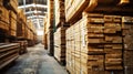 Warehouse storage of stacked wood saw timber awaiting manufacturing supply delivery Royalty Free Stock Photo