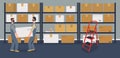 Warehouse or storeroom: storekeepers or loaders in protective masks holding cargo near rack with cardboard boxes.Goods in packages