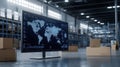 Warehouse tech screen displays global inventory data. Modern software interface shows global distribution network. Boxes, tech