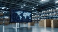 Warehouse tech screen displays global inventory. Software manages logistics. World map visualization shows data. Modern tech