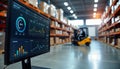 Warehouse tech software display shows real-time data. Computer screen in logistics software displays warehouse operations,