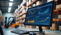 Warehouse tech solution boosts productivity. Computer screen displays advanced analytics software. Data visualization tracks