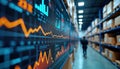 Warehouse tech system shows data graphs, inventory tracking. Digital interface with analytics, stats. Logistics optimization