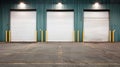 A warehouse with three closed white garage doors and yellow poles. Royalty Free Stock Photo