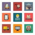 Warehouse transportation and delivery icons flat set