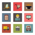 Warehouse transportation and delivery icons flat set