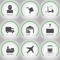 Warehouse transportation and delivery icons flat set