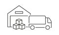 Warehouse and Truck Line Icon. Cargo Box Load Into Vehicle From Storage Building Linear Pictogram. Transportation and