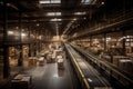 warehouse, with view of bustling shipping and receiving area, where goods are moved to and from trucks