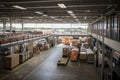 warehouse, with view of bustling shipping and receiving area, where goods are moved to and from trucks