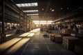 warehouse, with view of bustling shipping and receiving area, where goods are moved to and from trucks