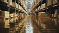 Warehouse Waterscape - Flooded Warehouse With Cardboard Boxes Floating On Water. Generative AI