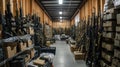 Warehouse with weapon and army equipment, boxes and assault rifles in dark storage, illegal smuggle arsenal of guns. Concept of Royalty Free Stock Photo