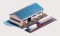 a warehouse where a semi truck unloads cargo. The company uses delivery vehicles and solar panels on the factory roof to generate