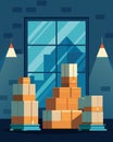 The warehouse windows were obscured by towers of packaging materials and unod boxes blocking out any glimpse of natural Royalty Free Stock Photo