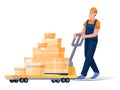 Warehouse worker cartoon character. Handymen loading cardboard boxes. Storehouse employee using forklifter professional Royalty Free Stock Photo