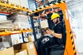 Warehouse worker doing logistics work with forklift loader Royalty Free Stock Photo