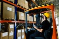 Warehouse worker doing logistics work with forklift loader Royalty Free Stock Photo