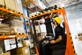 Warehouse worker doing logistics work with forklift loader Royalty Free Stock Photo