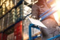 Warehouse worker giving raports closeup photo.