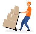 Warehouse worker with hand truck flat vector illustration. Courier, deliveryman moving trolley, dolly cart with cardboard boxes, Royalty Free Stock Photo