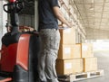 Warehouse worker holding clipboard checking oder shipment boxes in warehouse storage. Warehouse inventory management. Royalty Free Stock Photo