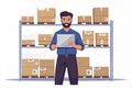 Warehouse worker holding laptop checking inventory in front of storage racks Royalty Free Stock Photo