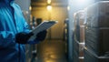 Warehouse worker inspecting inventory on a tablet device in a dimly lit storage facility Royalty Free Stock Photo