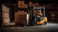 Warehouse worker moving boxes with a large industrial forklift, Generative AI