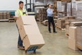Warehouse worker moving boxes on trolley Royalty Free Stock Photo
