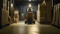 Warehouse worker moving heavy boxes with a forklift, Generative AI