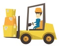 Warehouse worker moving load by forklift truck. Royalty Free Stock Photo