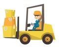 Warehouse worker moving load by forklift truck. Royalty Free Stock Photo