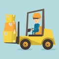 Warehouse worker moving load by forklift truck.