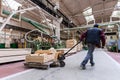 Warehouse worker moving wooden boards, wood processing factory