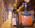 Warehouse worker scanning bar code scanner with shipment goods pallet.