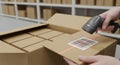 Warehouse Worker Scanning Barcode on Cardboard Box Package for Inventory Control in Logistics and Supply Chain Operations Royalty Free Stock Photo