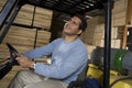 Warehouse Worker Sitting In Forklift And Looking Up Royalty Free Stock Photo