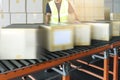 Warehouse worker sorting shipment boxes on conveyor belt.