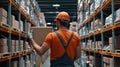 Warehouse worker stacking boxes on shelves in a cool indoor light, focusing on organization and efficiency in a neutral Royalty Free Stock Photo