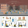 Warehouse worker taking package in shelf logistic industry flat vector banners. Royalty Free Stock Photo