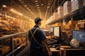 Warehouse worker using computer at warehouse. This is a freight transportation and distribution warehouse. Industrial and Royalty Free Stock Photo