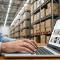 Warehouse Worker Using Laptop for Inventory Royalty Free Stock Photo
