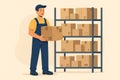 Warehouse worker wearing uniform and cap, stacking cardboard boxes on metal shelving, systematically organizing inventory in Royalty Free Stock Photo
