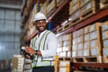 Warehouse worker working process checking the package with a barcode scanner in a large distribution center Royalty Free Stock Photo