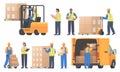 Warehouse workers characters set. Men and women, managers and laborers, forklift operator, movers. Logistics center staff