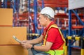 Warehouse workers checking inventory, Forman worker working in factory warehouse