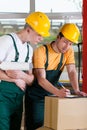 Warehouse workers checking number of boxes