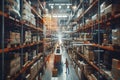 Warehouse workers counting stock between shelves of packed boxes, aided by generative ai Royalty Free Stock Photo