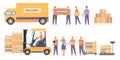 Warehouse workers and equipment. Flat delivery man with parcels, truck, pallet with boxes and service worker. Logistic Royalty Free Stock Photo